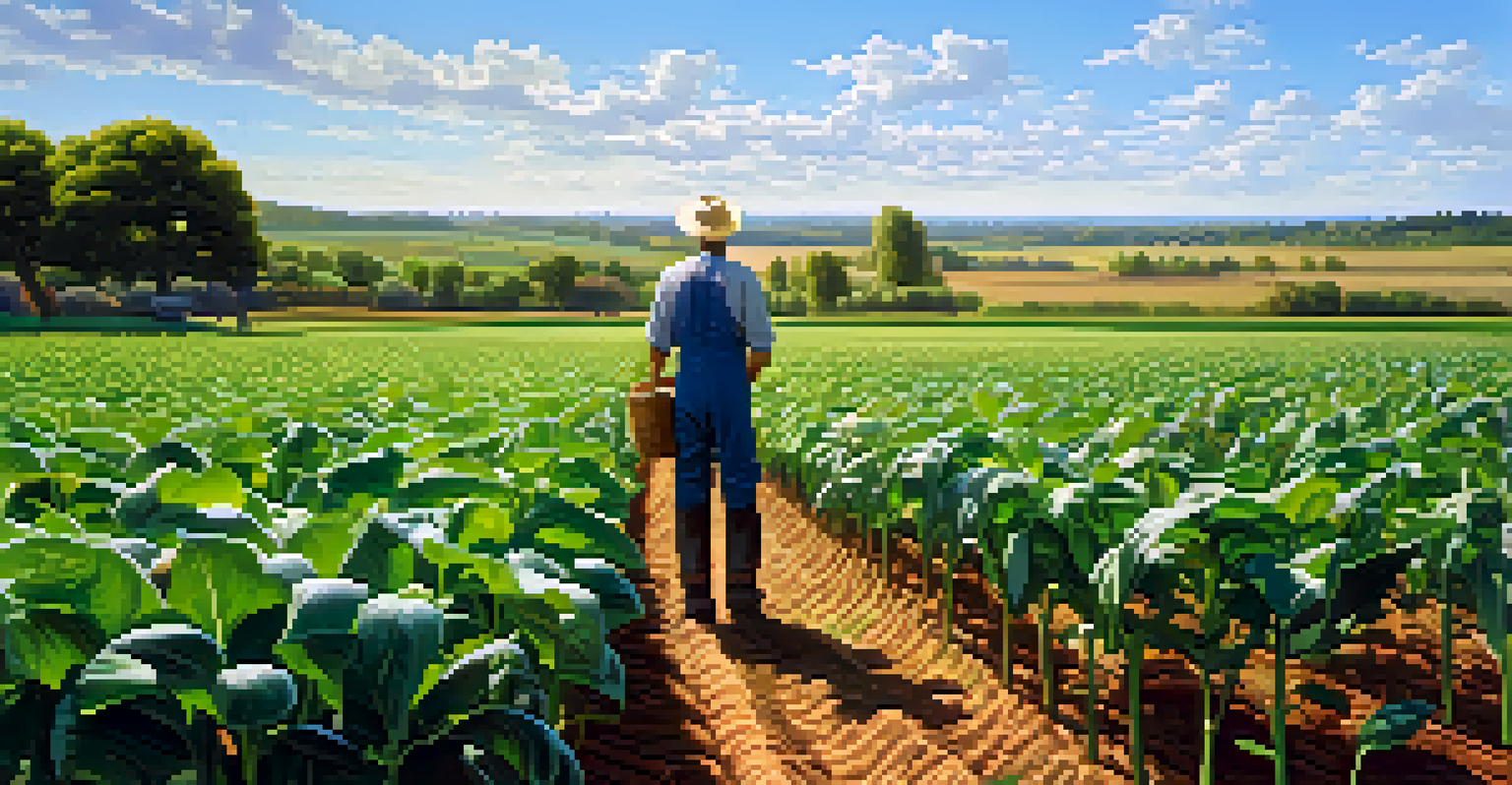 A peaceful field filled with diverse crops, with a farmer tending to the plants under a clear blue sky.