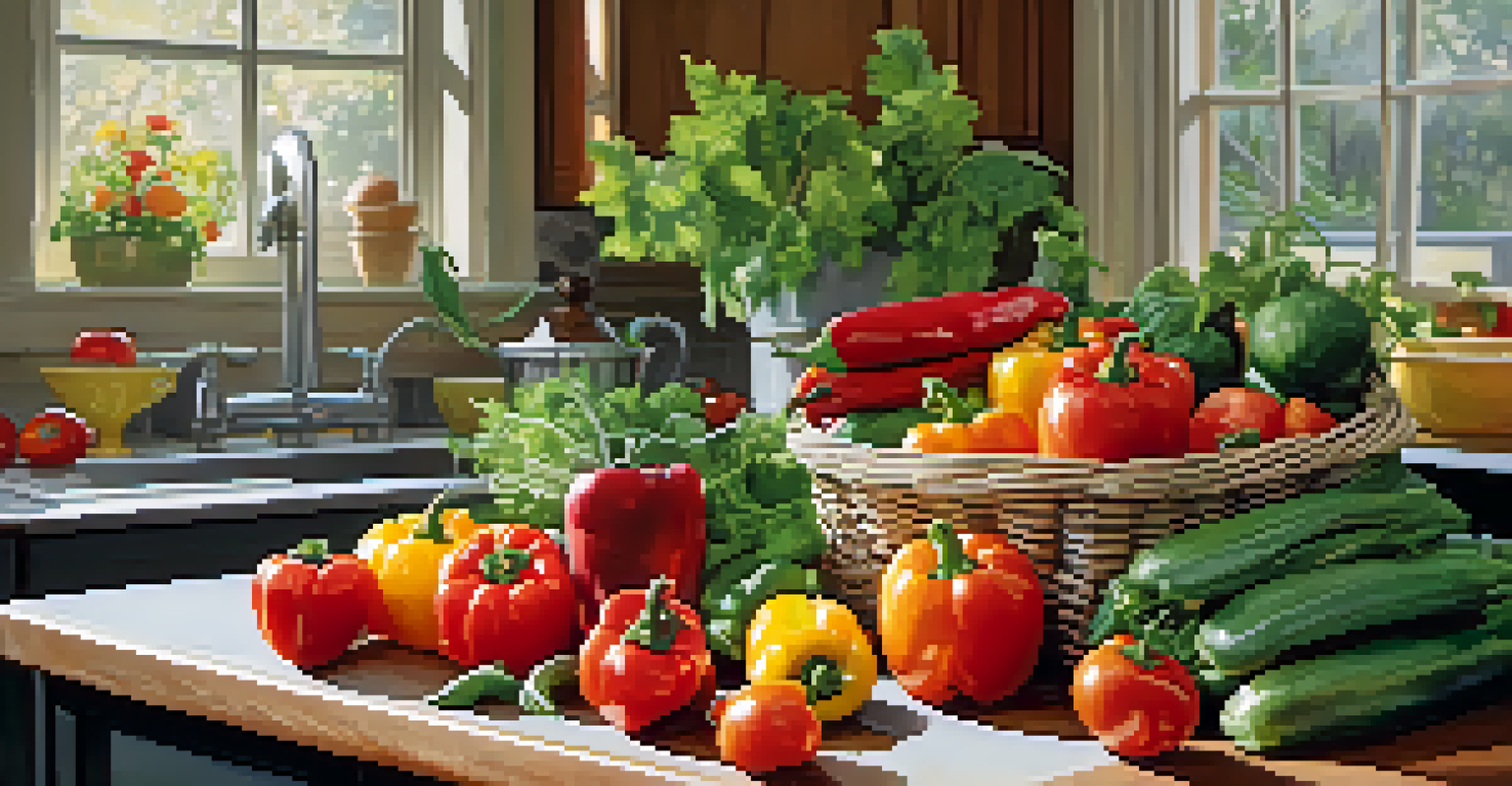 A kitchen countertop displaying a variety of fresh vegetables from a CSA box, with a cookbook and natural light highlighting the vibrant colors.