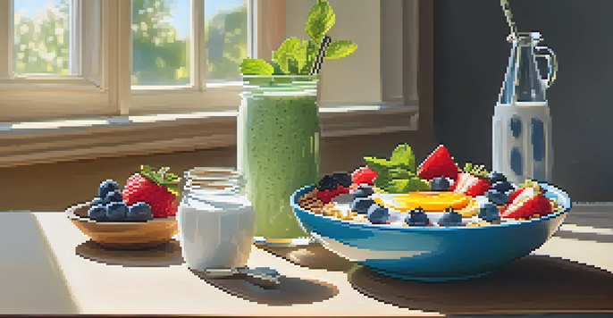 A nutritious breakfast smoothie bowl with fresh fruits and granola, illuminated by natural light.