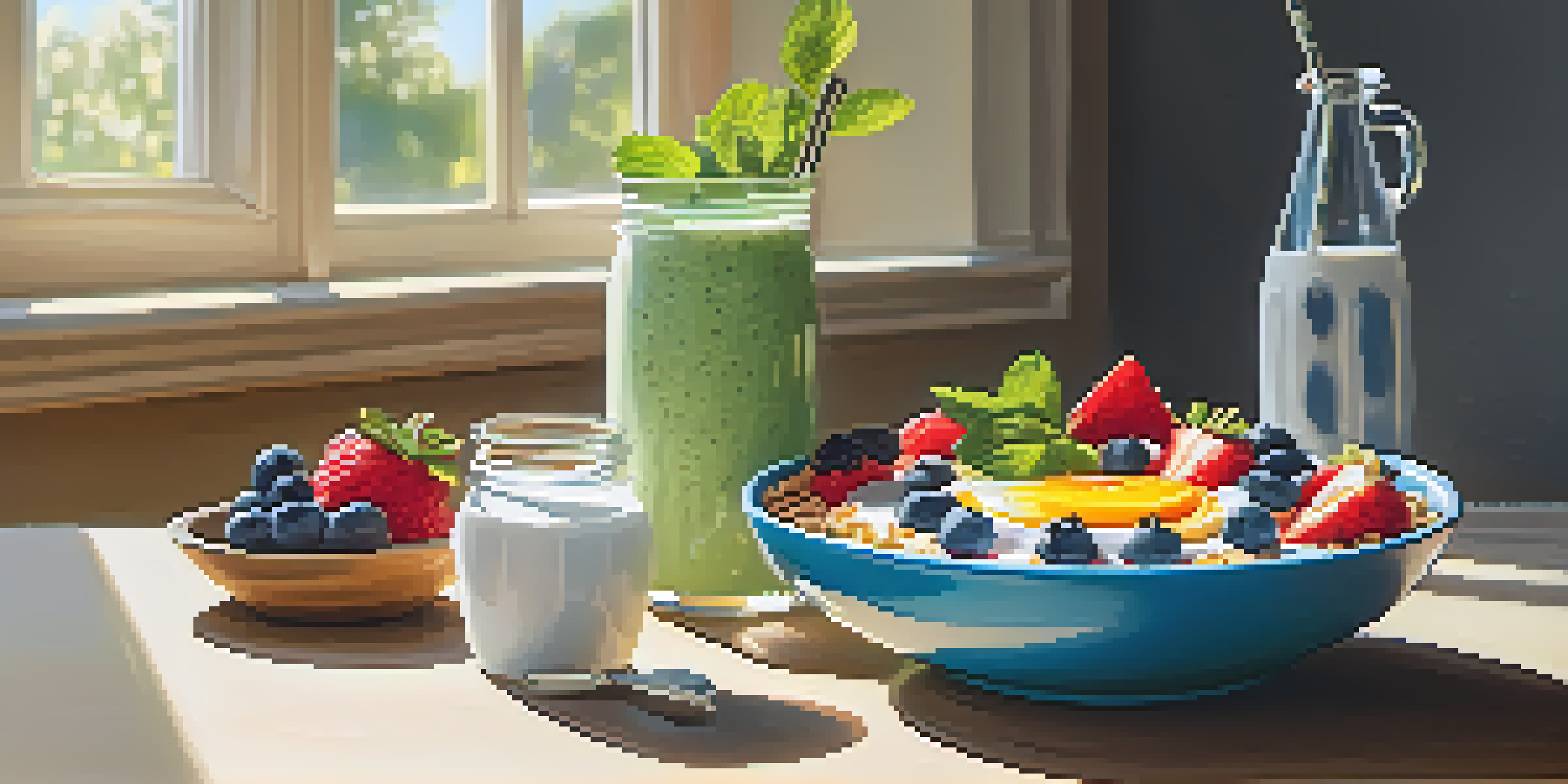 A nutritious breakfast smoothie bowl with fresh fruits and granola, illuminated by natural light.