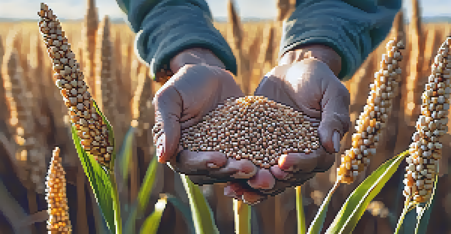 A farmer's hands holding raw sorghum grains in a sunlit field, highlighting the texture and color of the grains.