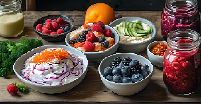 A rustic wooden table with a platter displaying colorful fermented foods like kimchi, yogurt with berries, and sauerkraut, illuminated by natural light.