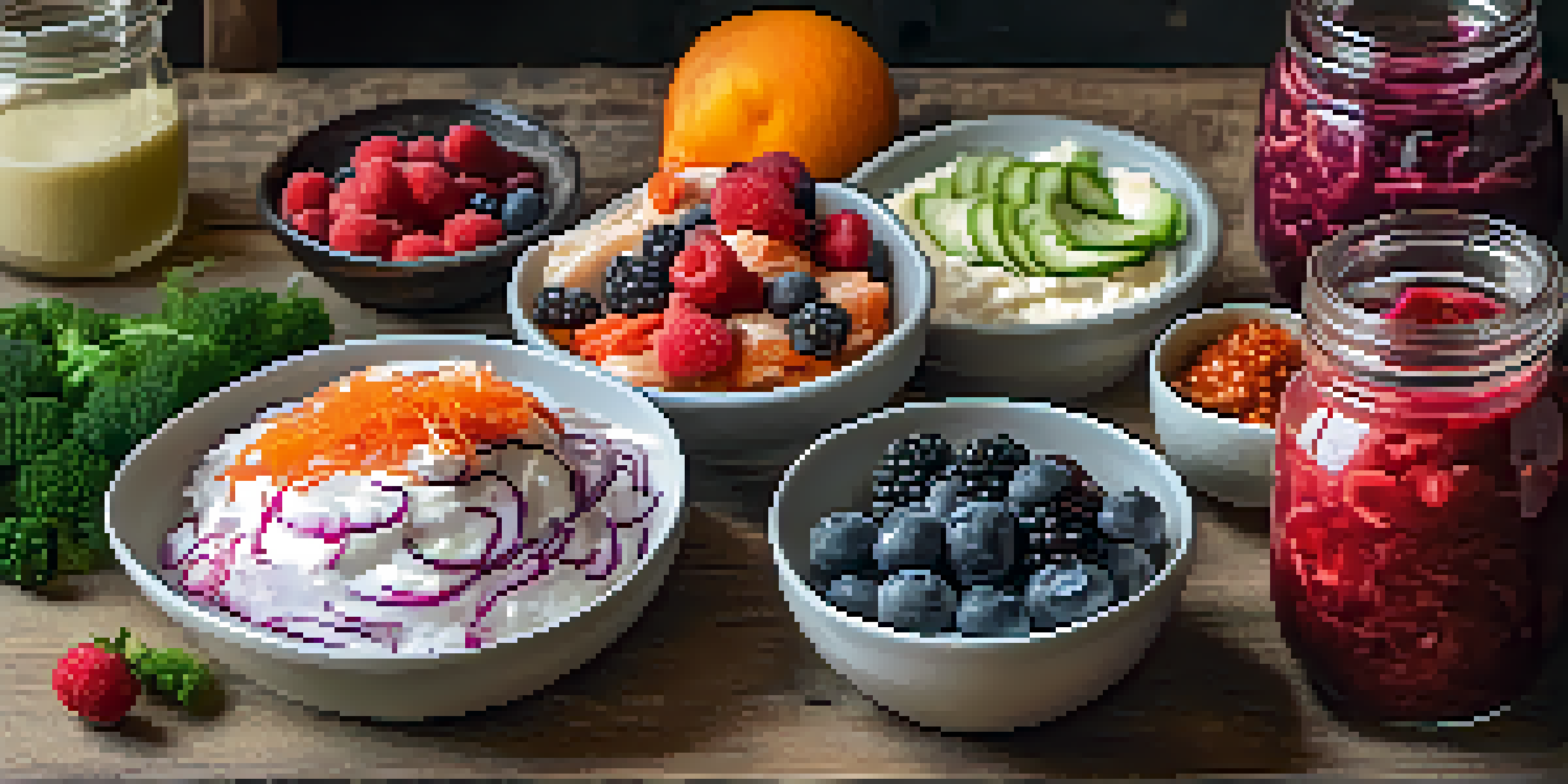 A rustic wooden table with a platter displaying colorful fermented foods like kimchi, yogurt with berries, and sauerkraut, illuminated by natural light.