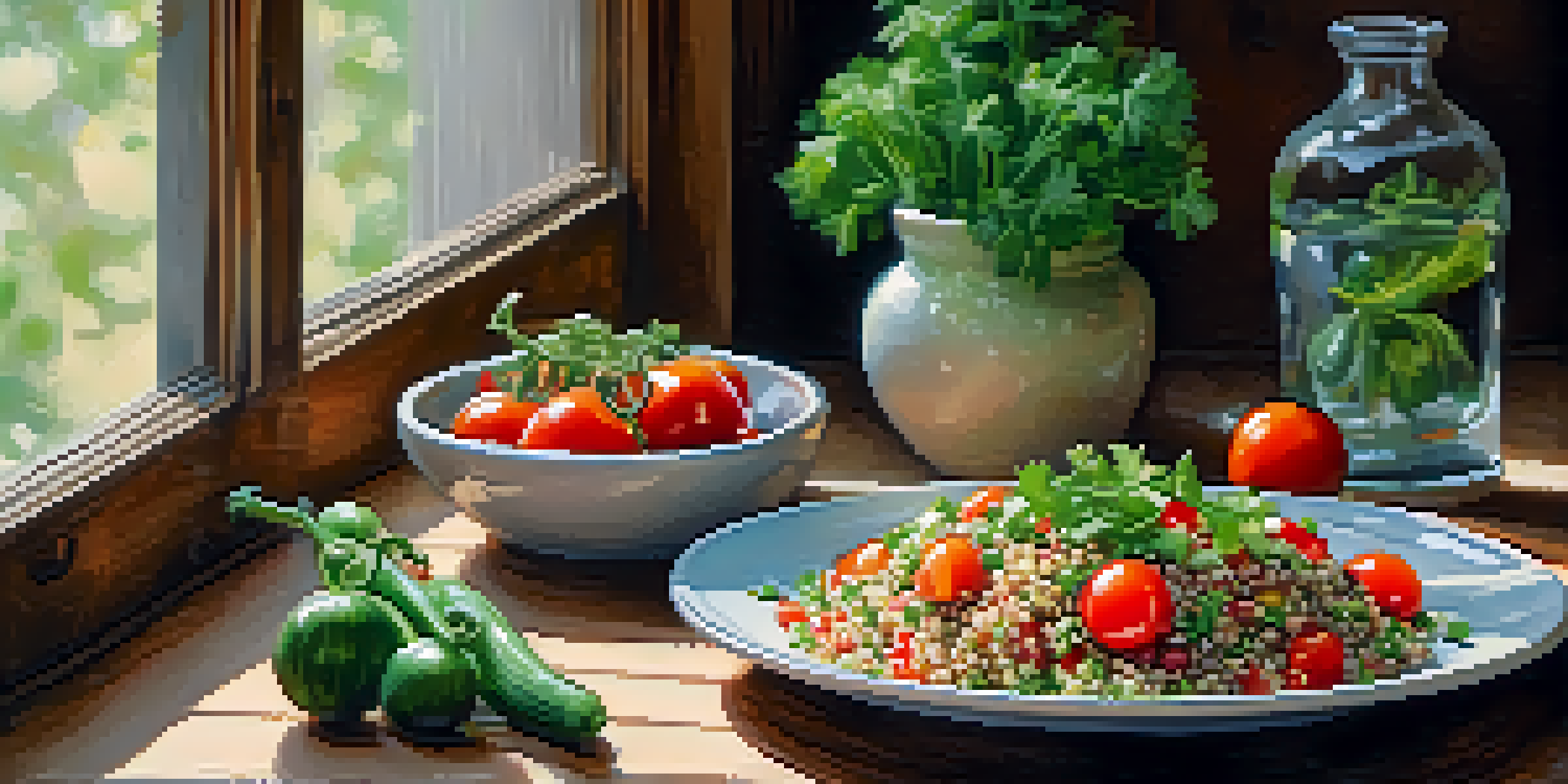 A colorful quinoa salad with cherry tomatoes and cucumber in a glass bowl on a wooden table, illuminated by soft natural light.