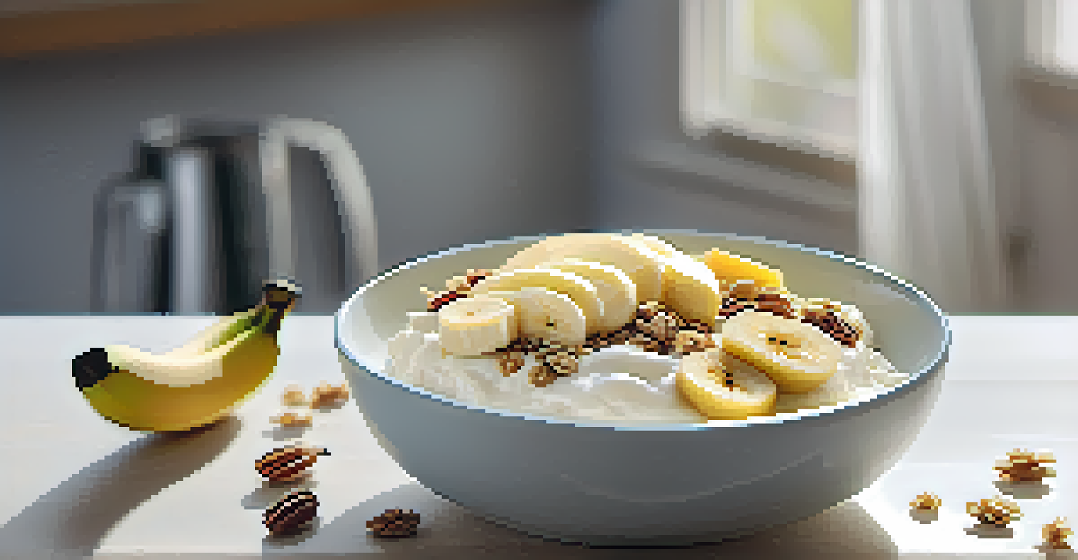 A healthy breakfast bowl with yogurt, bananas, and granola, accompanied by sauerkraut in a kitchen setting.