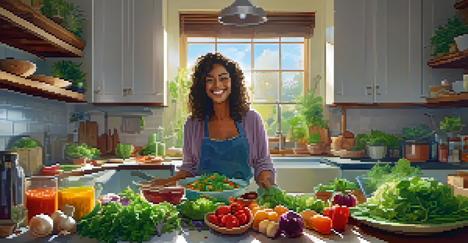 A cozy kitchen scene with a person preparing a colorful vegetarian salad, surrounded by fresh ingredients.