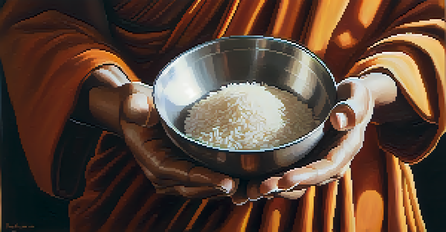 A close-up of a monk's hands holding a bowl of rice, set against a softly blurred background of a serene Buddhist monastery.