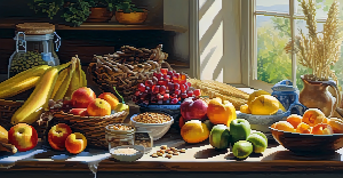 A bright kitchen with colorful fruits, vegetables, and whole grains on a wooden table, illuminated by sunlight.