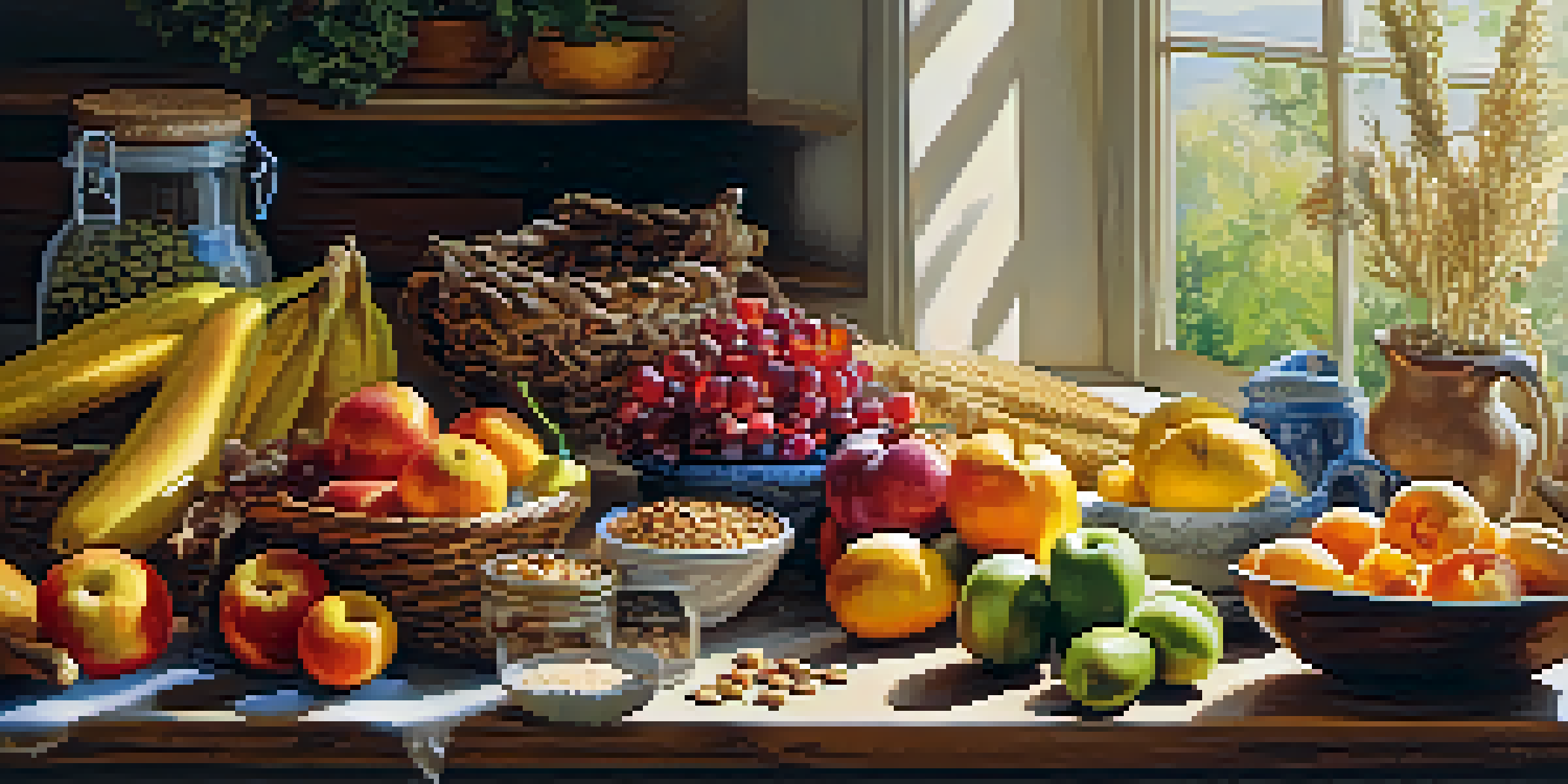 A bright kitchen with colorful fruits, vegetables, and whole grains on a wooden table, illuminated by sunlight.