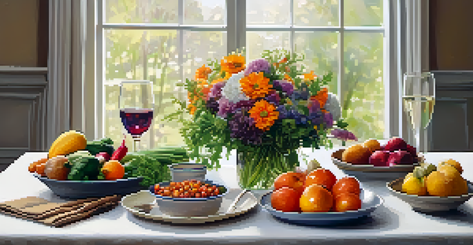 A beautifully arranged dining table with seasonal vegetables, whole grains, and flowers, illuminated by soft light in a calm setting.