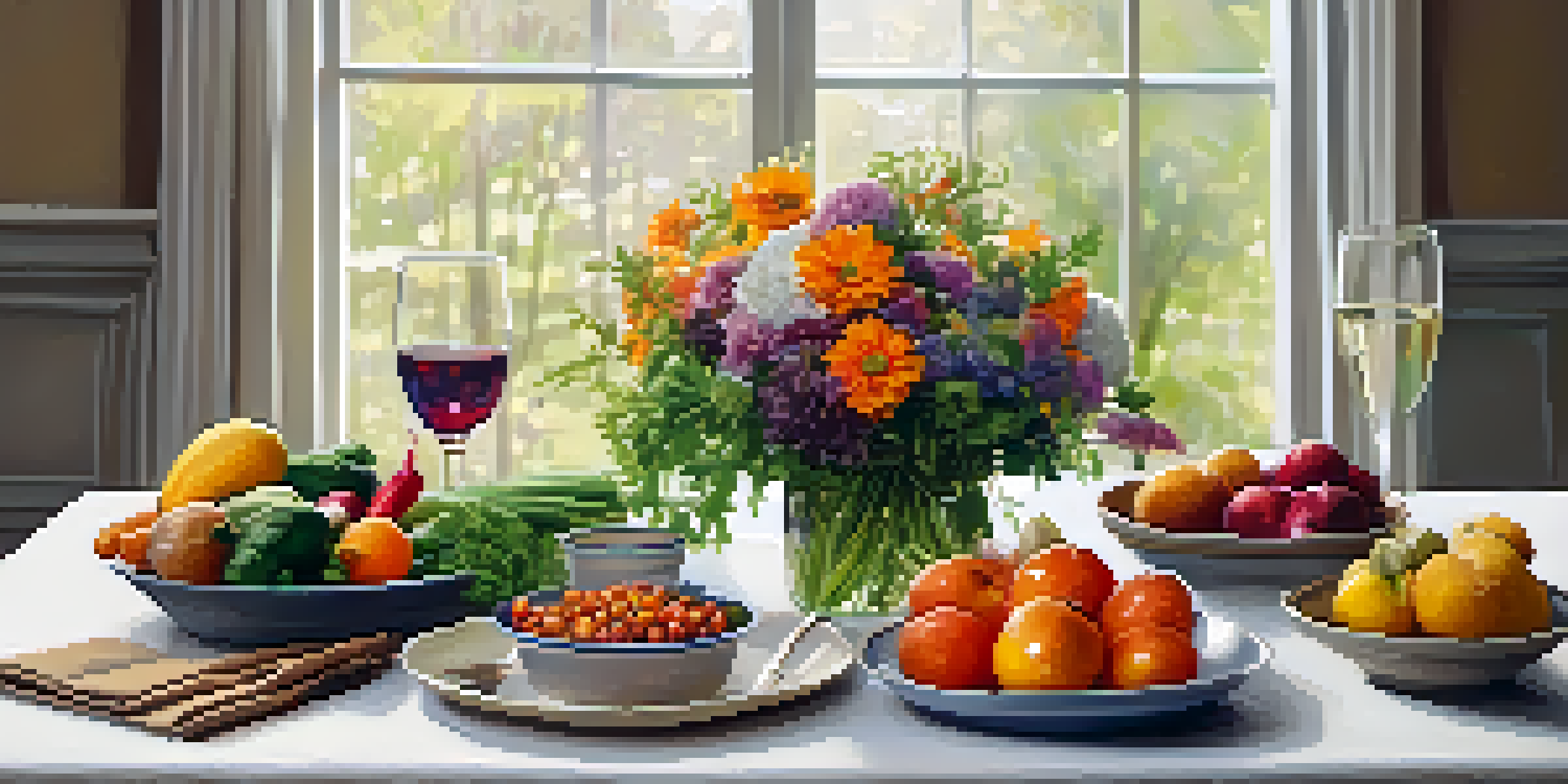 A beautifully arranged dining table with seasonal vegetables, whole grains, and flowers, illuminated by soft light in a calm setting.
