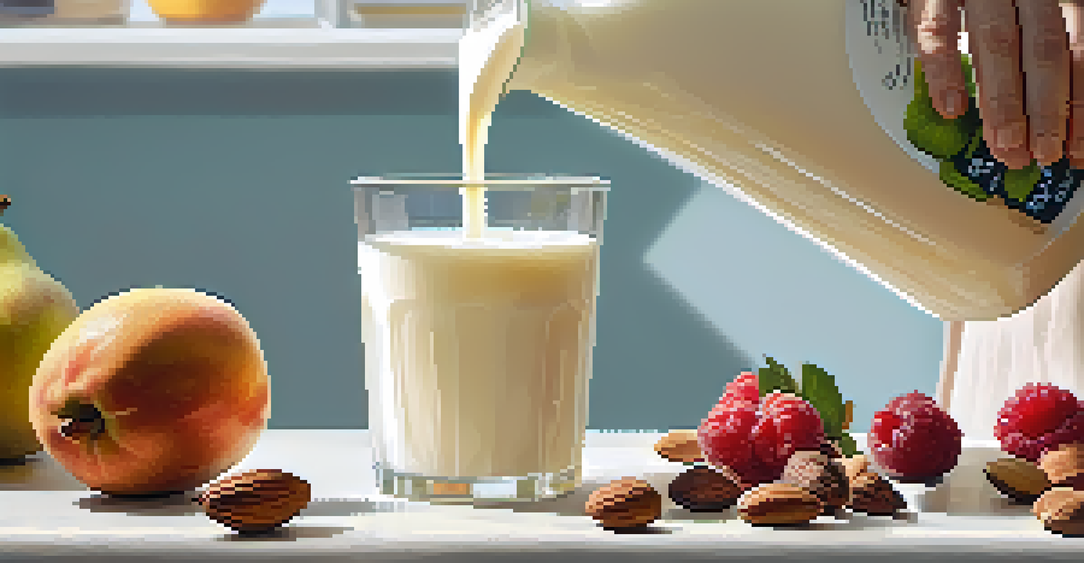 A close-up of someone pouring creamy kefir into a glass, surrounded by fresh fruits and nuts on a kitchen counter.