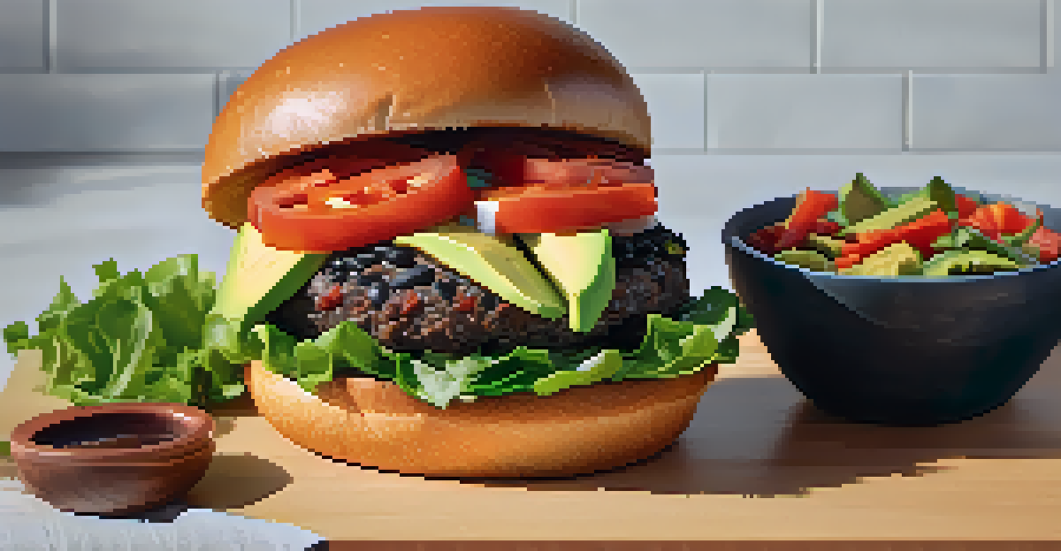 A plant-based burger made from black beans on a wooden cutting board, accompanied by sweet potato fries and dipping sauce, showcased in warm lighting.
