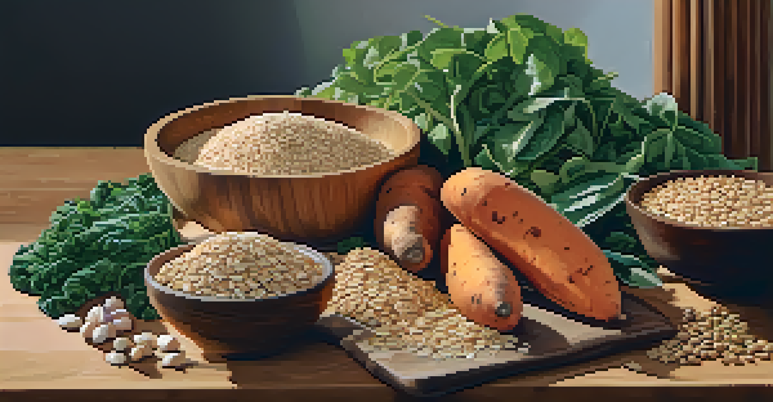 An arrangement of sweet potatoes, legumes, oats, and leafy greens on a wooden cutting board, illuminated by natural light.