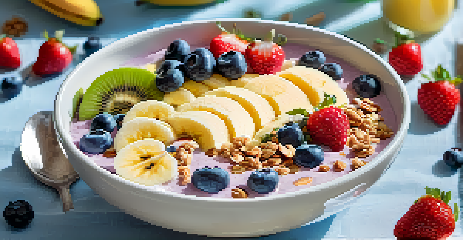 A smoothie bowl filled with colorful fruits like bananas, strawberries, and blueberries, placed on a blue tablecloth with a spoon beside it.