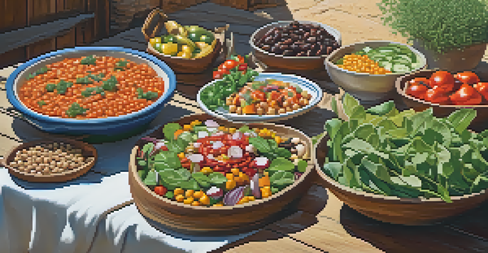 A Mediterranean feast with colorful plant-based dishes on a rustic table outdoors, surrounded by greenery.