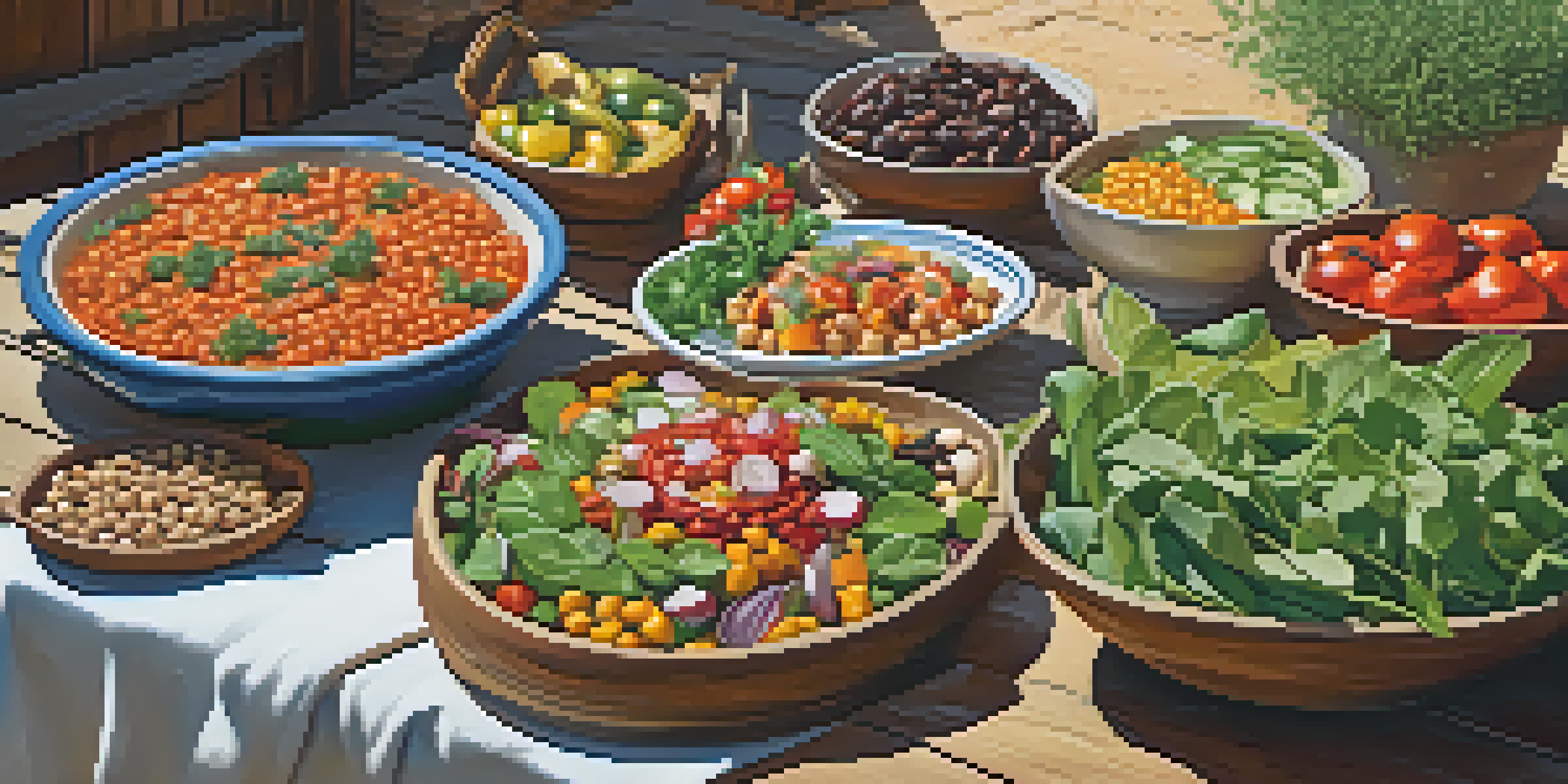 A Mediterranean feast with colorful plant-based dishes on a rustic table outdoors, surrounded by greenery.