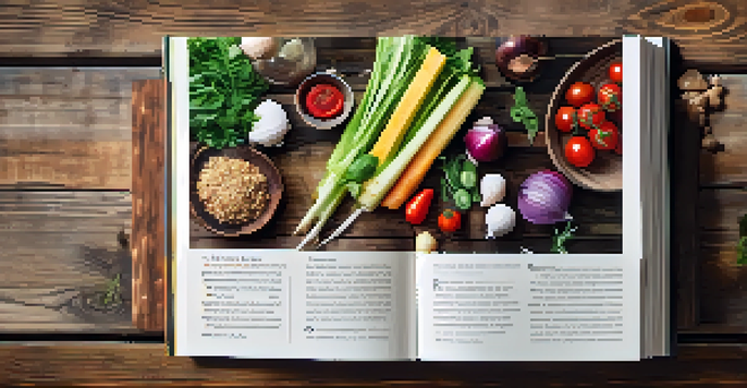 An open cookbook with a colorful salad recipe, featuring elegant typography and well-structured layout, set on a rustic wooden table with natural lighting.