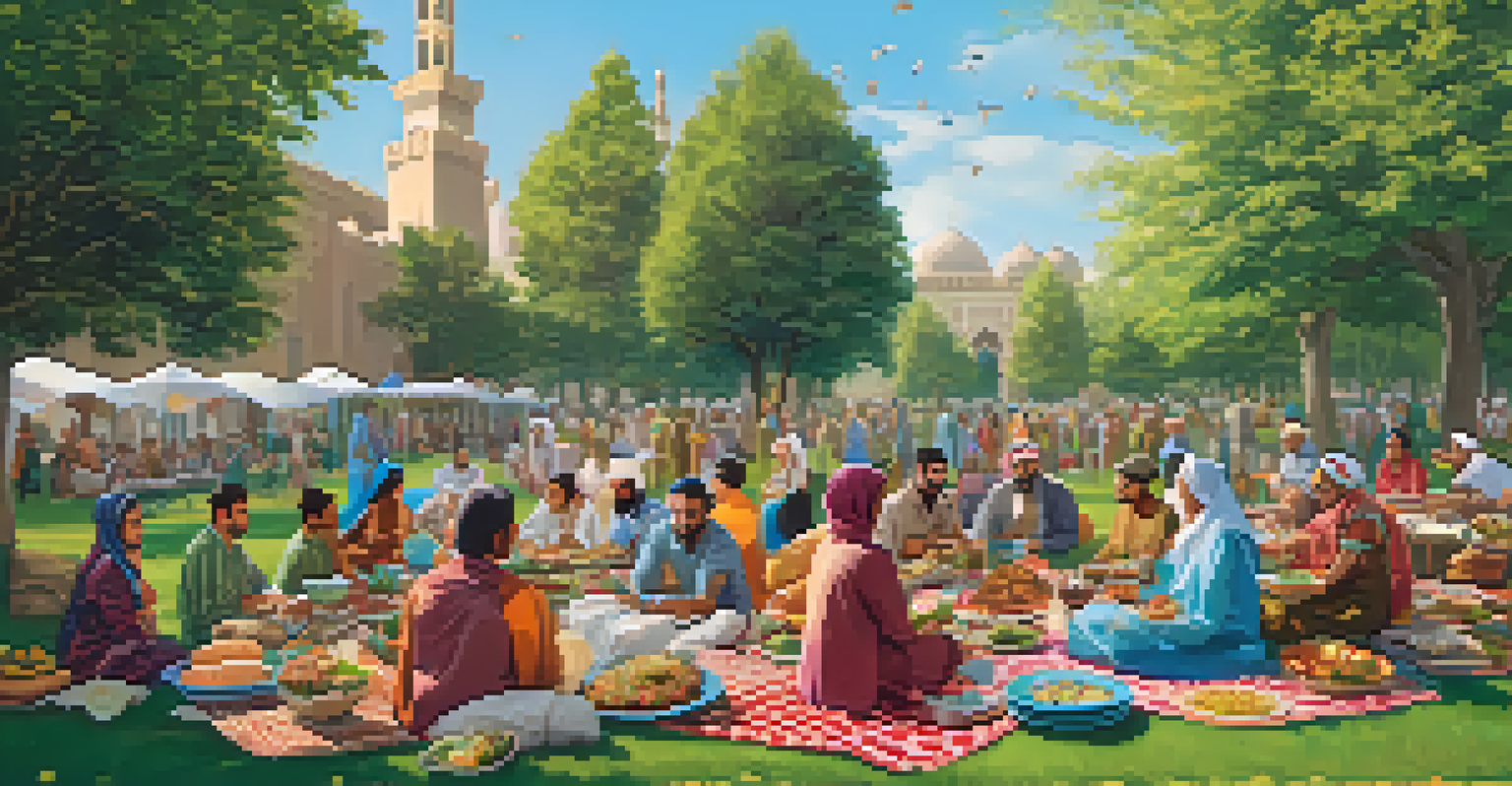 A diverse group of families sharing a vegetarian meal together in a park during Ramadan.