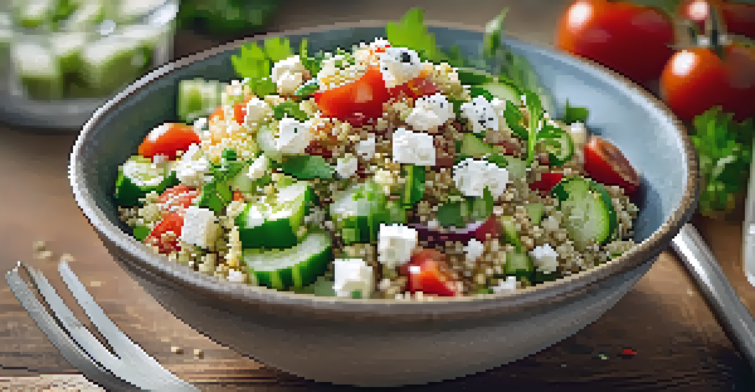 A close-up of a quinoa salad with diced vegetables and feta cheese in a rustic bowl, set against a softly blurred kitchen background.