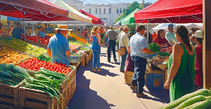 A bustling farmer's market with fresh vegetables and fruits, showcasing vibrant colors and sunlight creating a warm atmosphere.