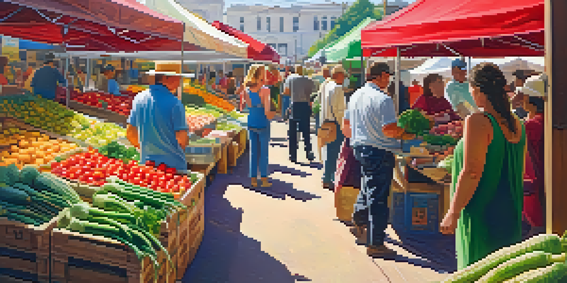 A bustling farmer's market with fresh vegetables and fruits, showcasing vibrant colors and sunlight creating a warm atmosphere.