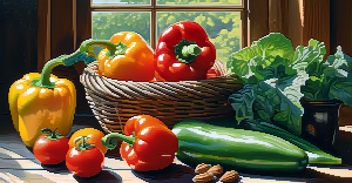 A colorful arrangement of fresh vegetables and fruits on a wooden table, illuminated by soft morning light.