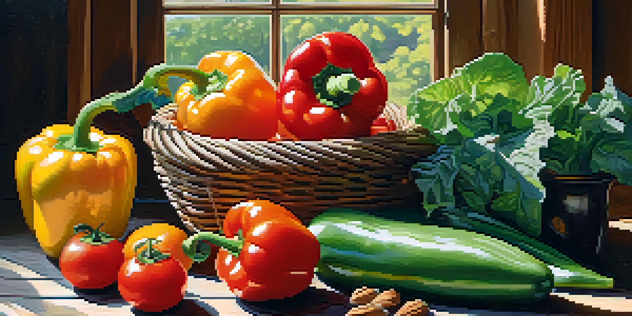 A colorful arrangement of fresh vegetables and fruits on a wooden table, illuminated by soft morning light.