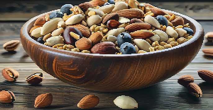 A wooden bowl filled with a variety of nuts and seeds displayed on a rustic wooden table, illuminated by soft natural light.