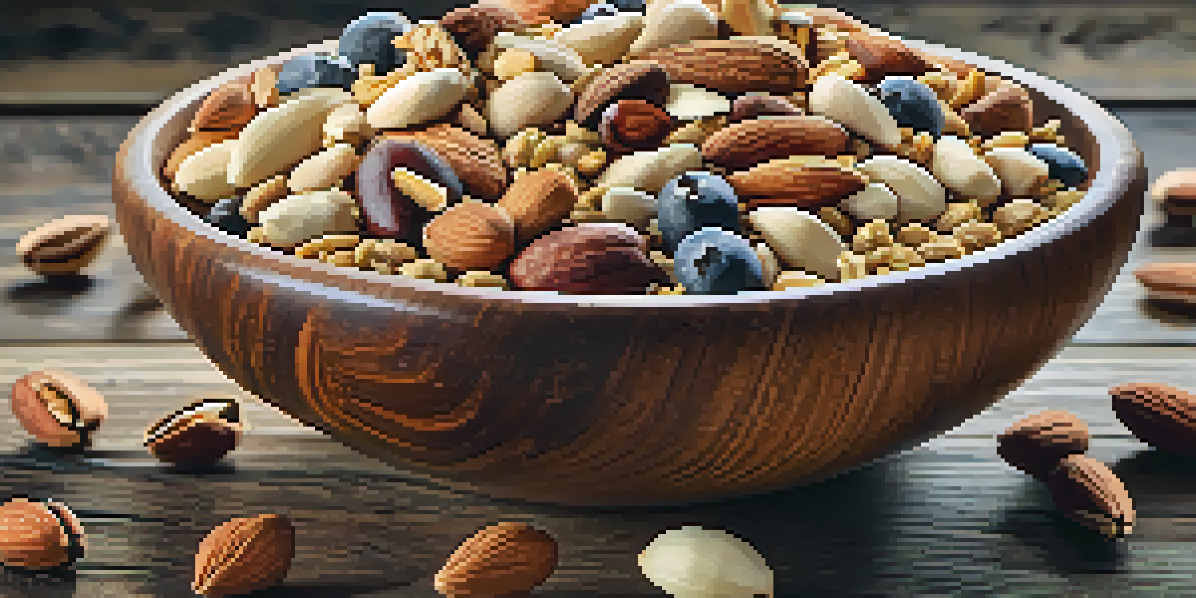 A wooden bowl filled with a variety of nuts and seeds displayed on a rustic wooden table, illuminated by soft natural light.