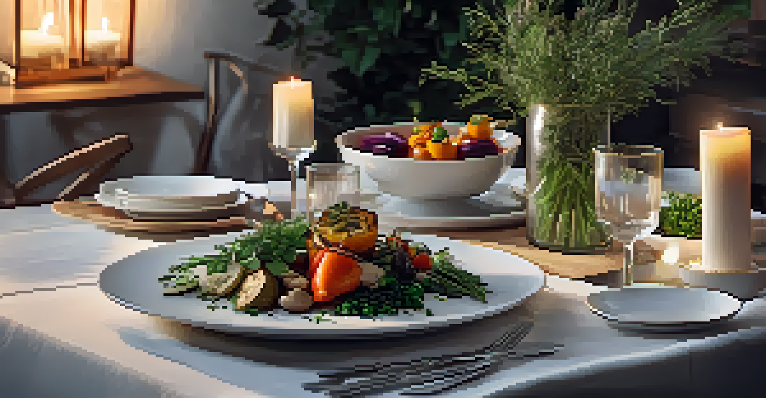A beautifully set dining table with vegetarian dishes, fresh herbs, and candlelight, creating a warm ambiance.
