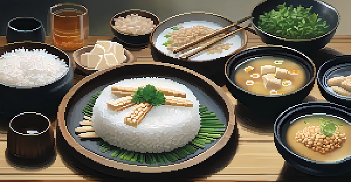 A platter with assorted fermented soy products like tempeh, miso soup, and natto over rice, set on a rustic wooden table.