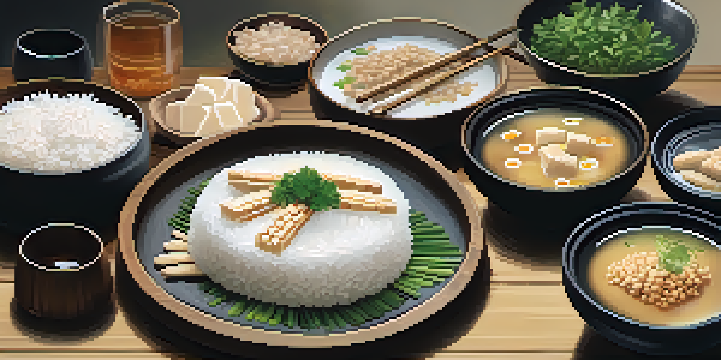 A platter with assorted fermented soy products like tempeh, miso soup, and natto over rice, set on a rustic wooden table.