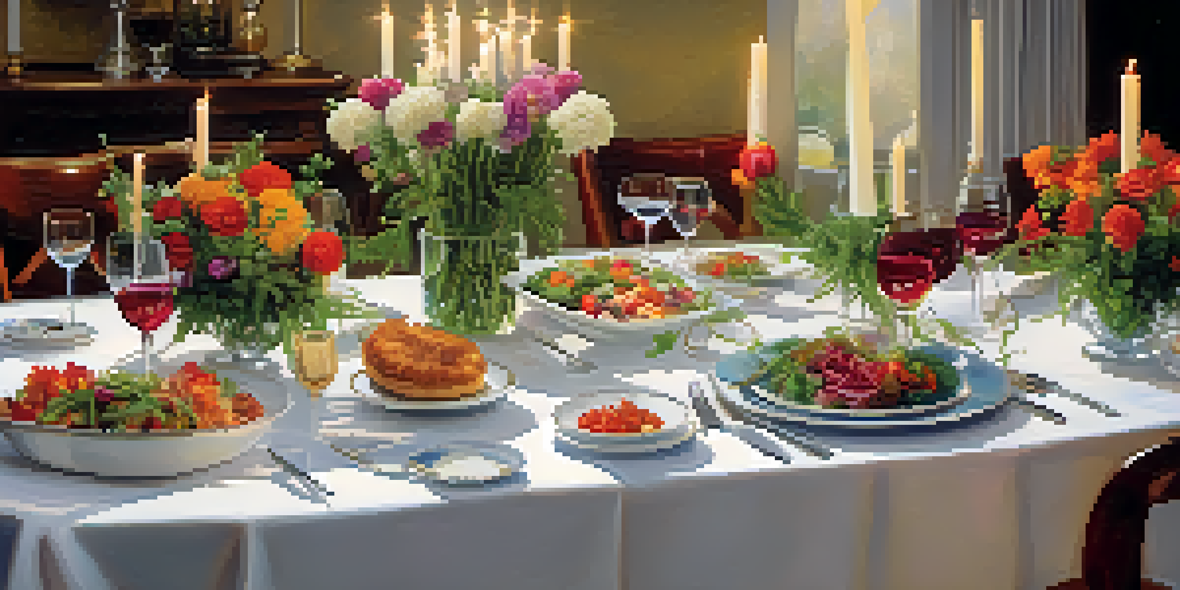 An elegantly set dinner table with gourmet vegetarian dishes, fresh flowers, and candlelight creates a warm atmosphere.
