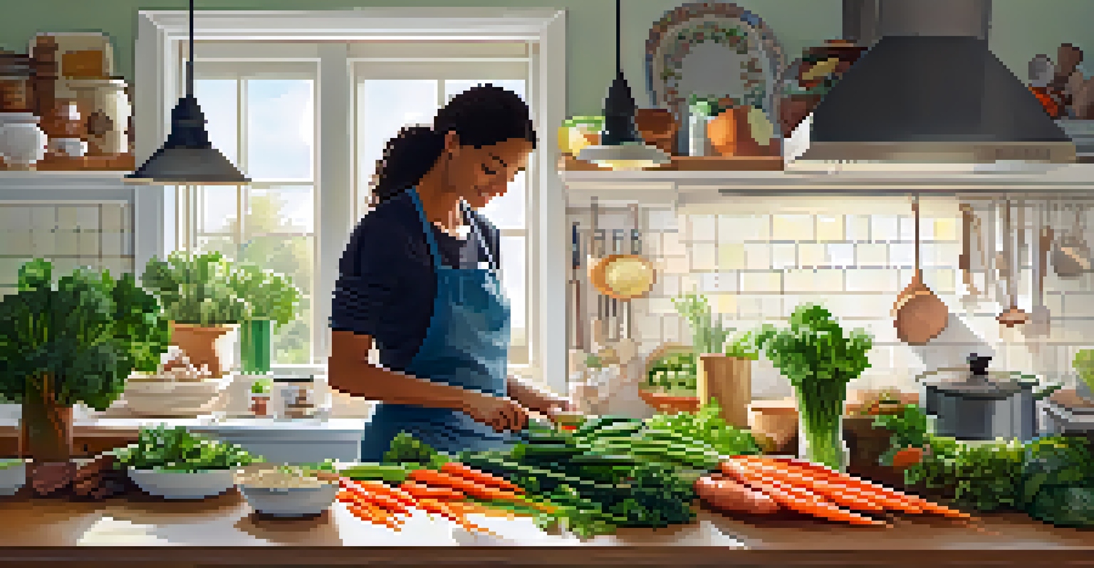 A person chopping vegetables in a bright kitchen, surrounded by fresh ingredients.