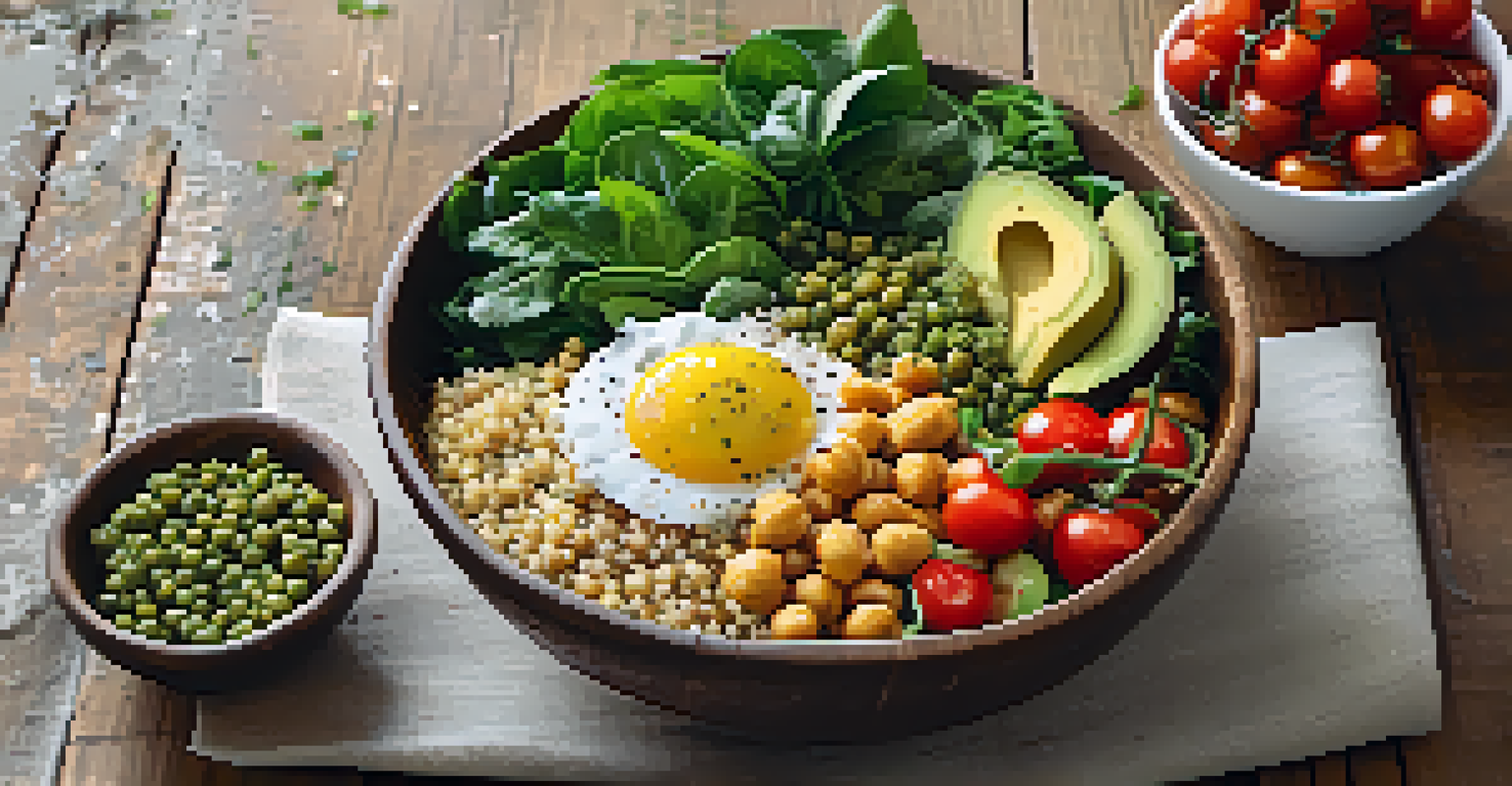 A close-up of a vibrant Buddha bowl filled with quinoa, chickpeas, avocado, and fresh vegetables, arranged on a wooden table.