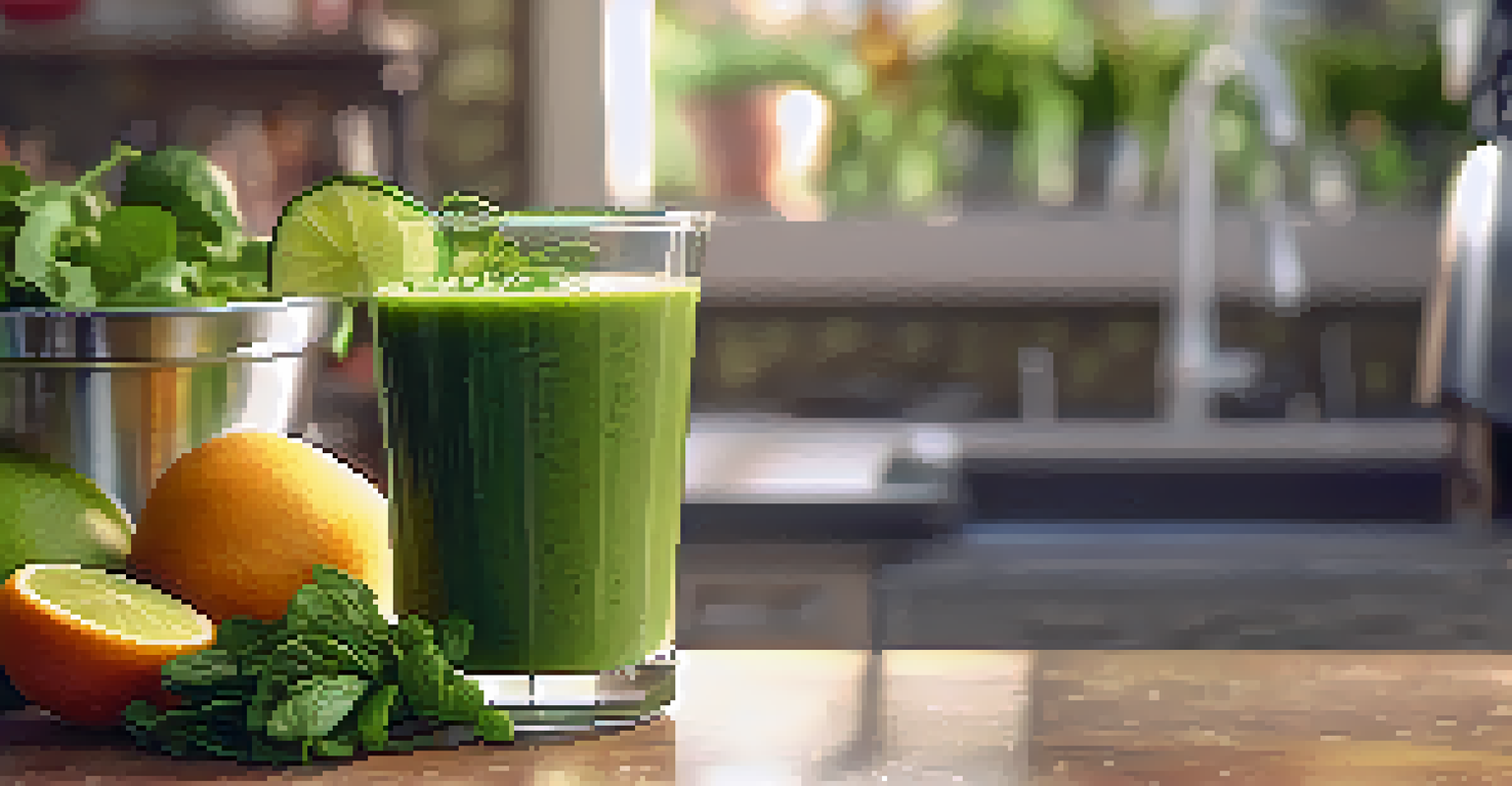 A close-up of a green smoothie in a glass, filled with leafy greens and fruits, with a slice of lime for garnish, set in a sunny kitchen.