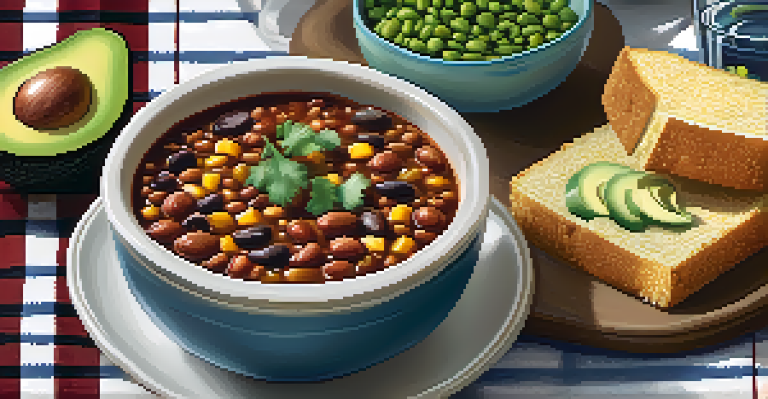 A bowl of vegetarian chili with beans and vegetables, garnished with avocado and cilantro, alongside cornbread and iced tea on a checkered tablecloth.