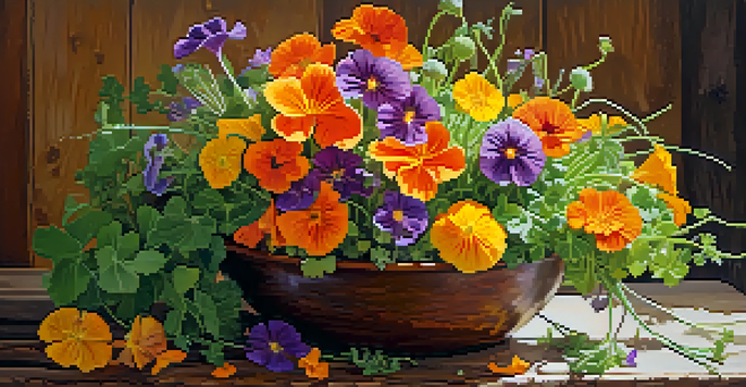 A colorful salad featuring edible flowers like nasturtiums, chive blossoms, and calendula, arranged in a rustic wooden bowl, illuminated by natural light.