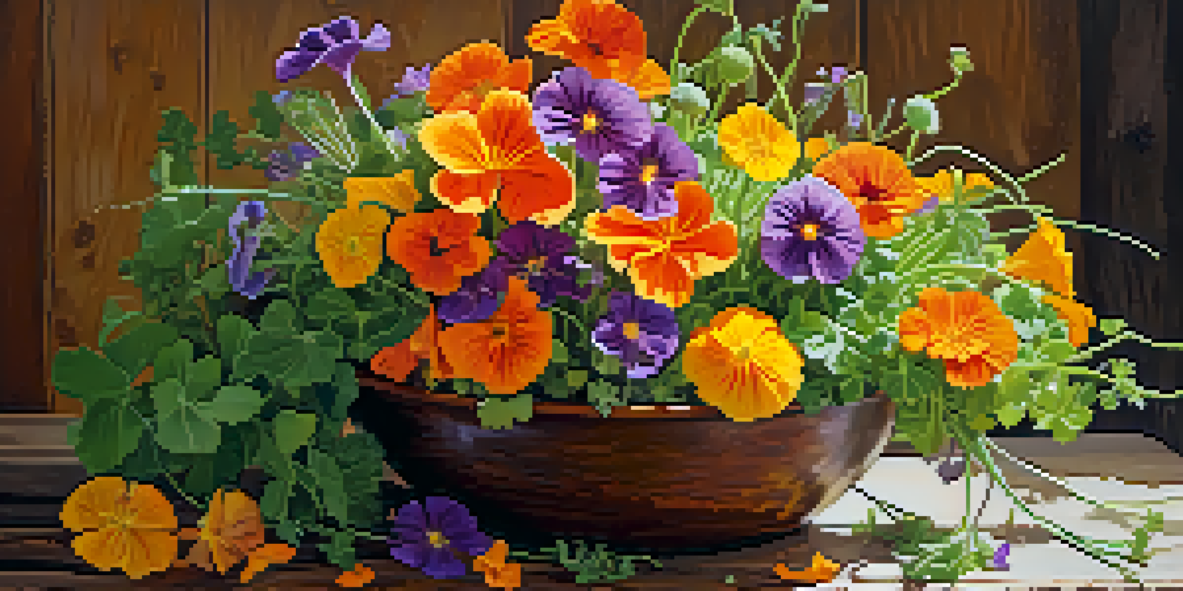 A colorful salad featuring edible flowers like nasturtiums, chive blossoms, and calendula, arranged in a rustic wooden bowl, illuminated by natural light.