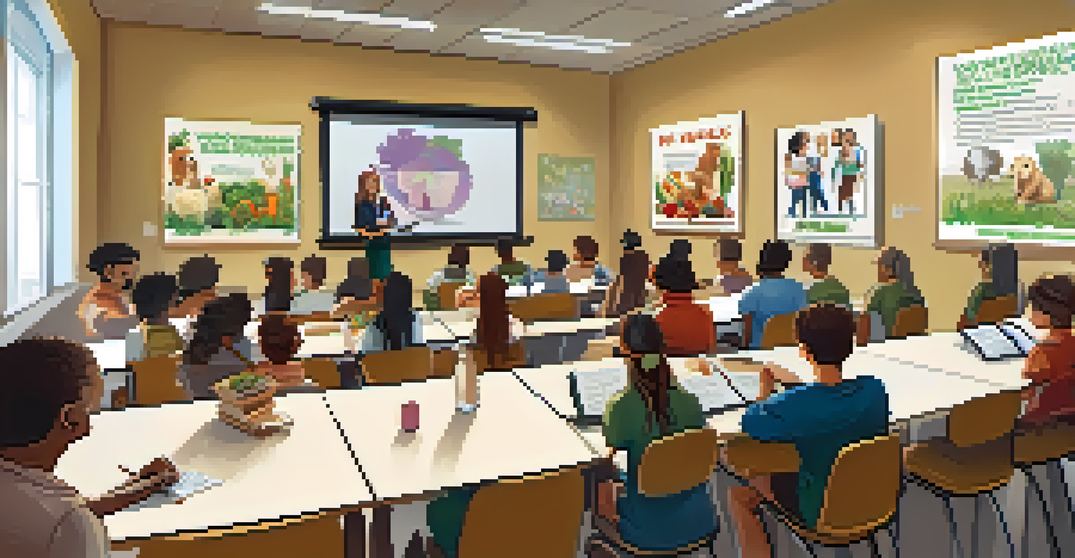Students in a seminar room listening to a speaker about ethical vegetarianism, with educational posters in the background.