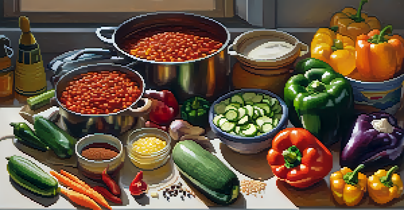 Ingredients for vegetarian chili displayed on a kitchen counter, including chopped vegetables and beans.