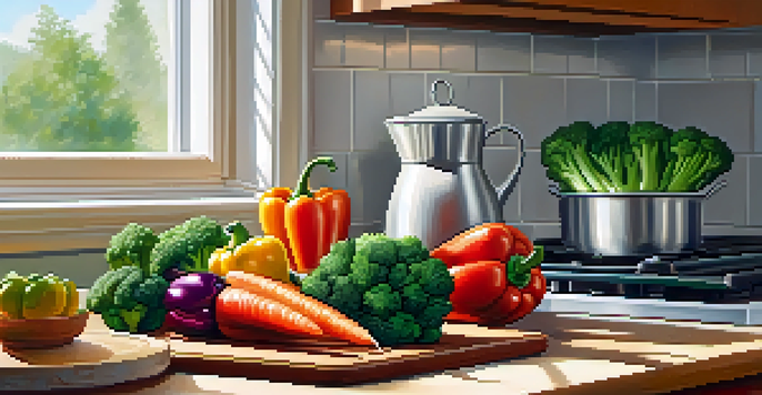 A colorful kitchen with fresh vegetables and a bottle of light sesame oil, illuminated by sunlight.