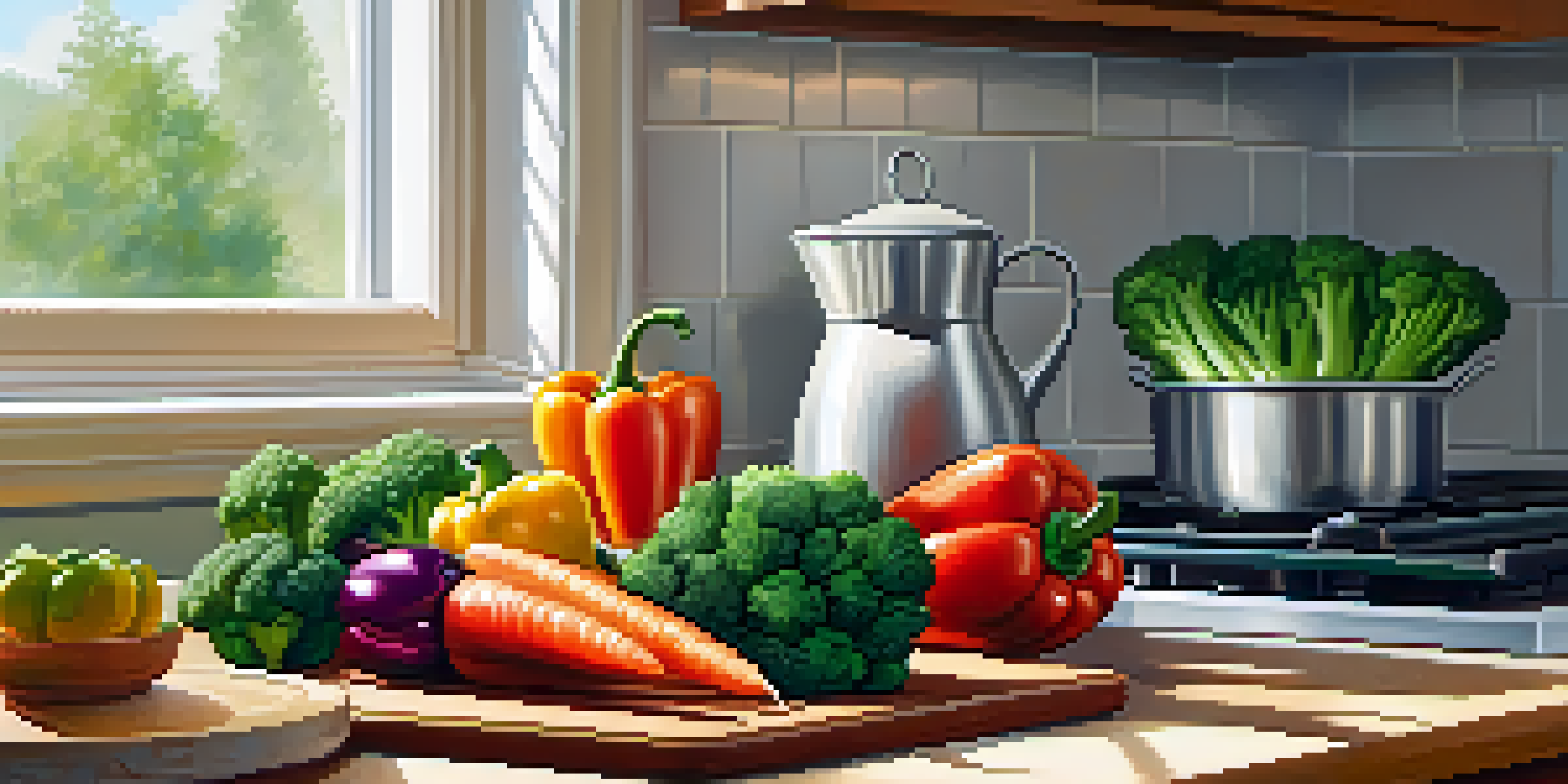 A colorful kitchen with fresh vegetables and a bottle of light sesame oil, illuminated by sunlight.