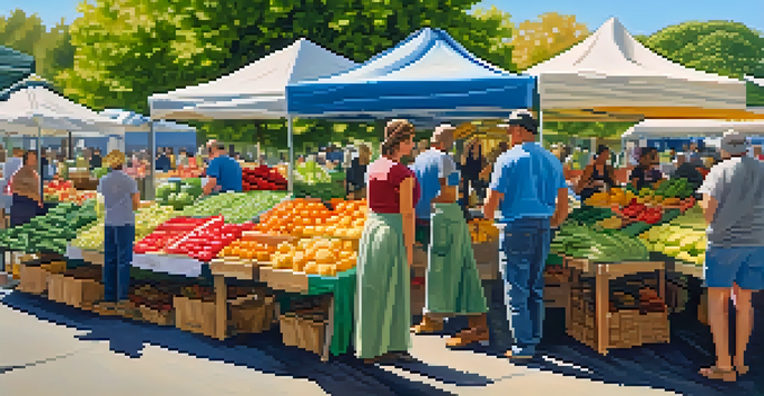 A lively farmer's market filled with colorful fruits and vegetables, under a clear blue sky, with people engaging and enjoying the fresh produce.