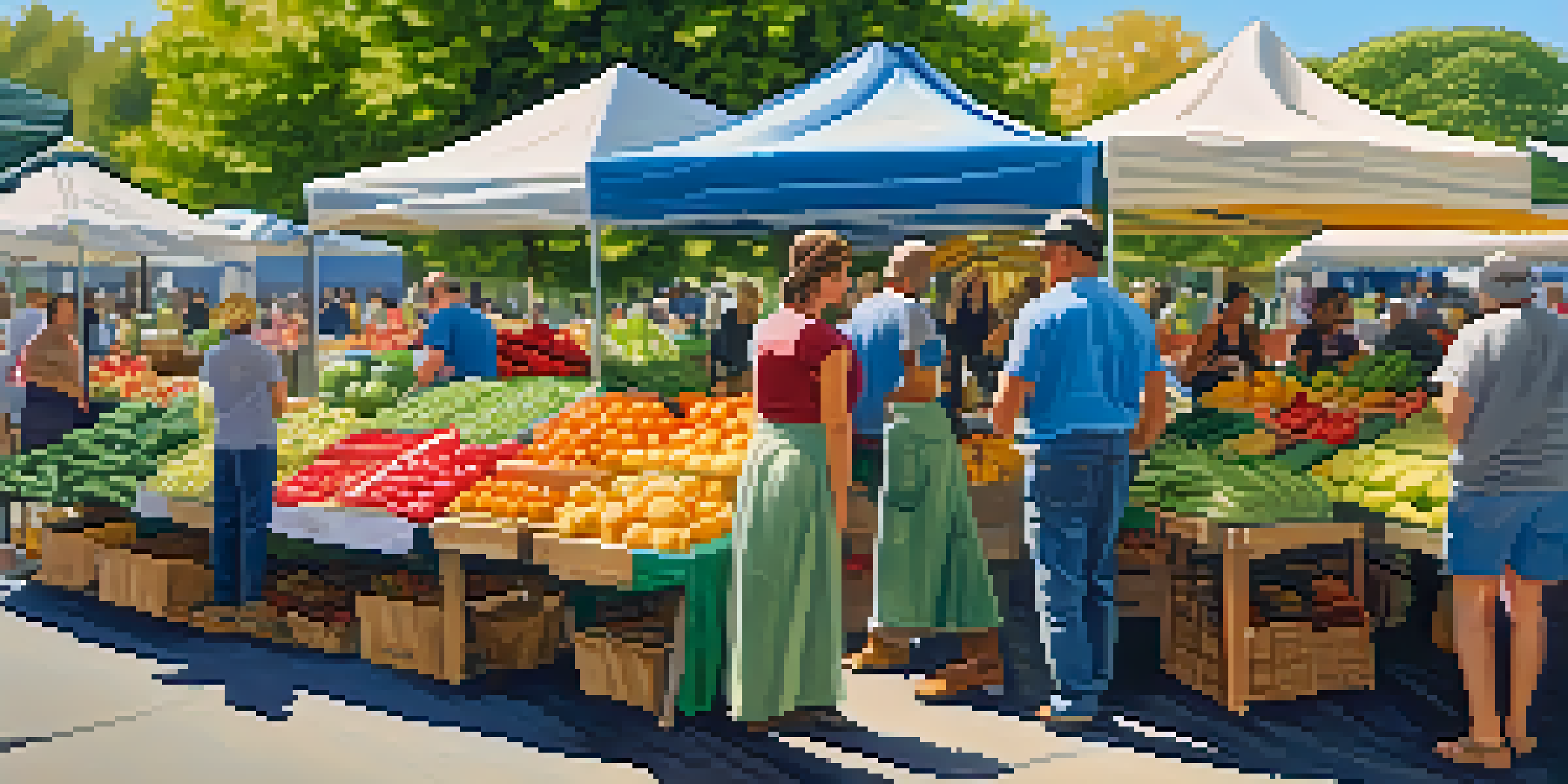 A lively farmer's market filled with colorful fruits and vegetables, under a clear blue sky, with people engaging and enjoying the fresh produce.