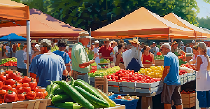 A lively farmers' market filled with fresh, colorful seasonal fruits and vegetables under warm sunlight.