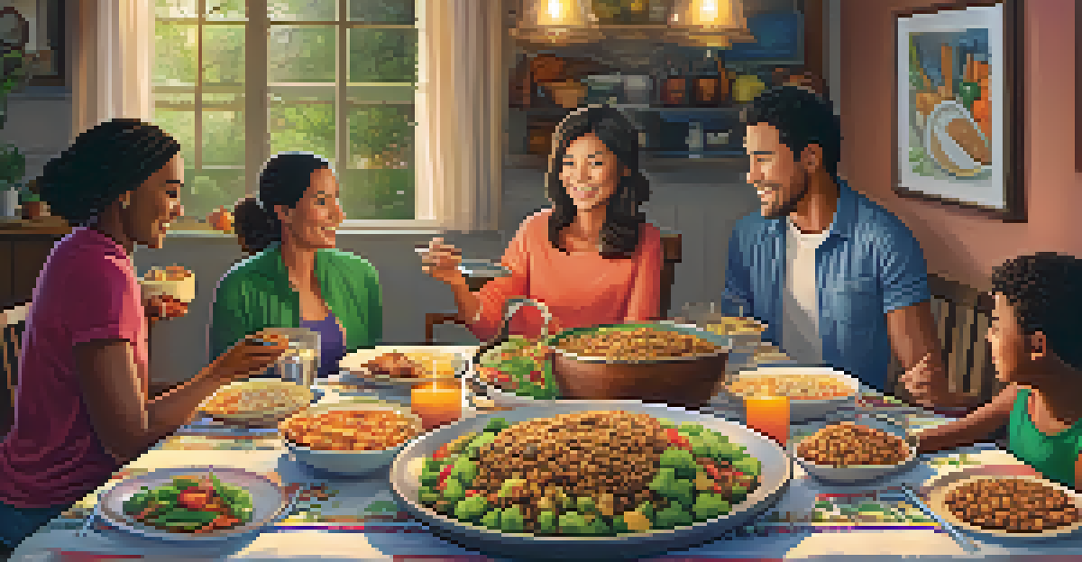 A family dining table set with a variety of colorful vegetarian dishes, creating a warm and inviting atmosphere.