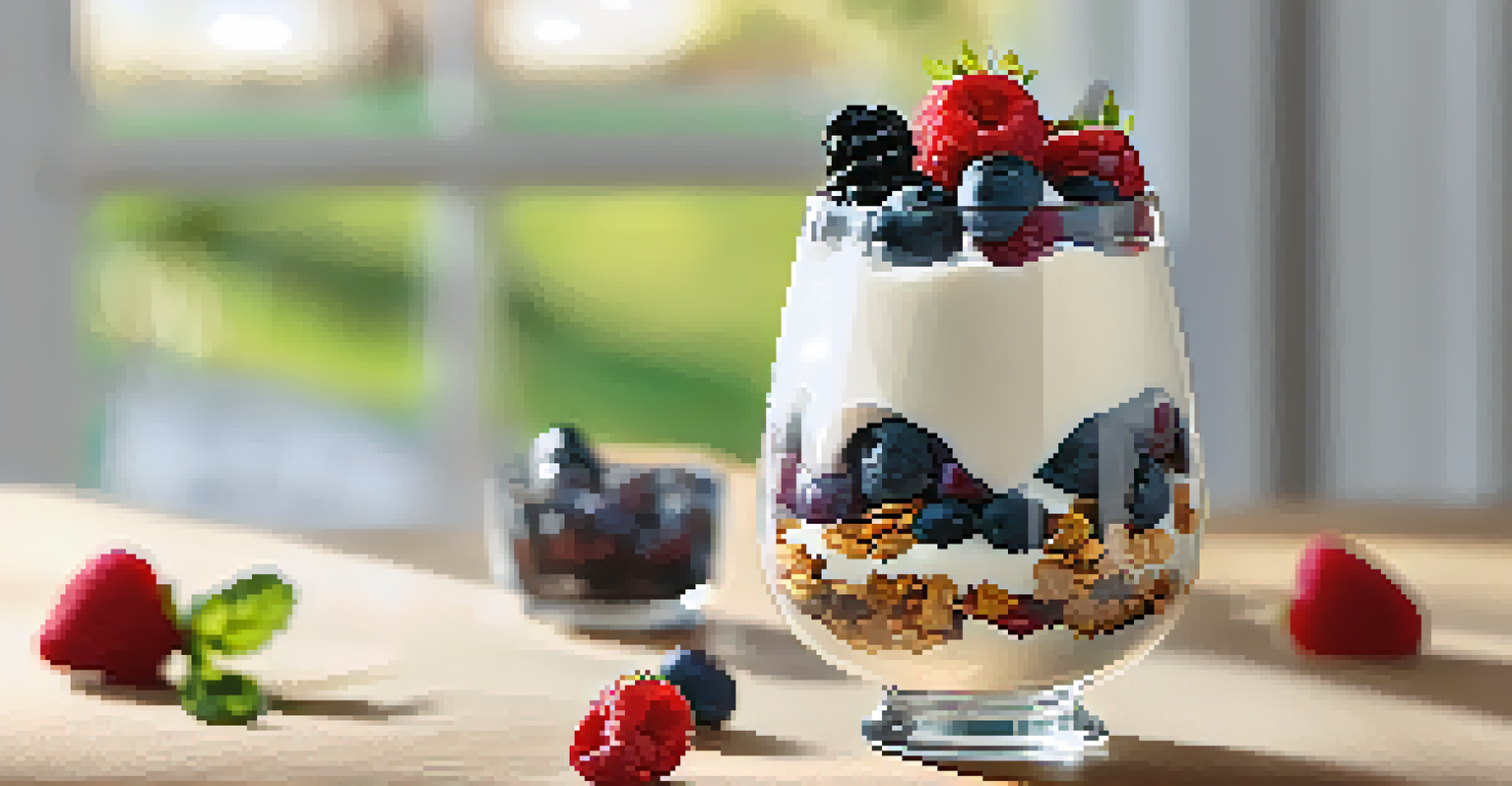 A yogurt parfait with layers of mixed berries and granola served in a clear glass on a kitchen counter.