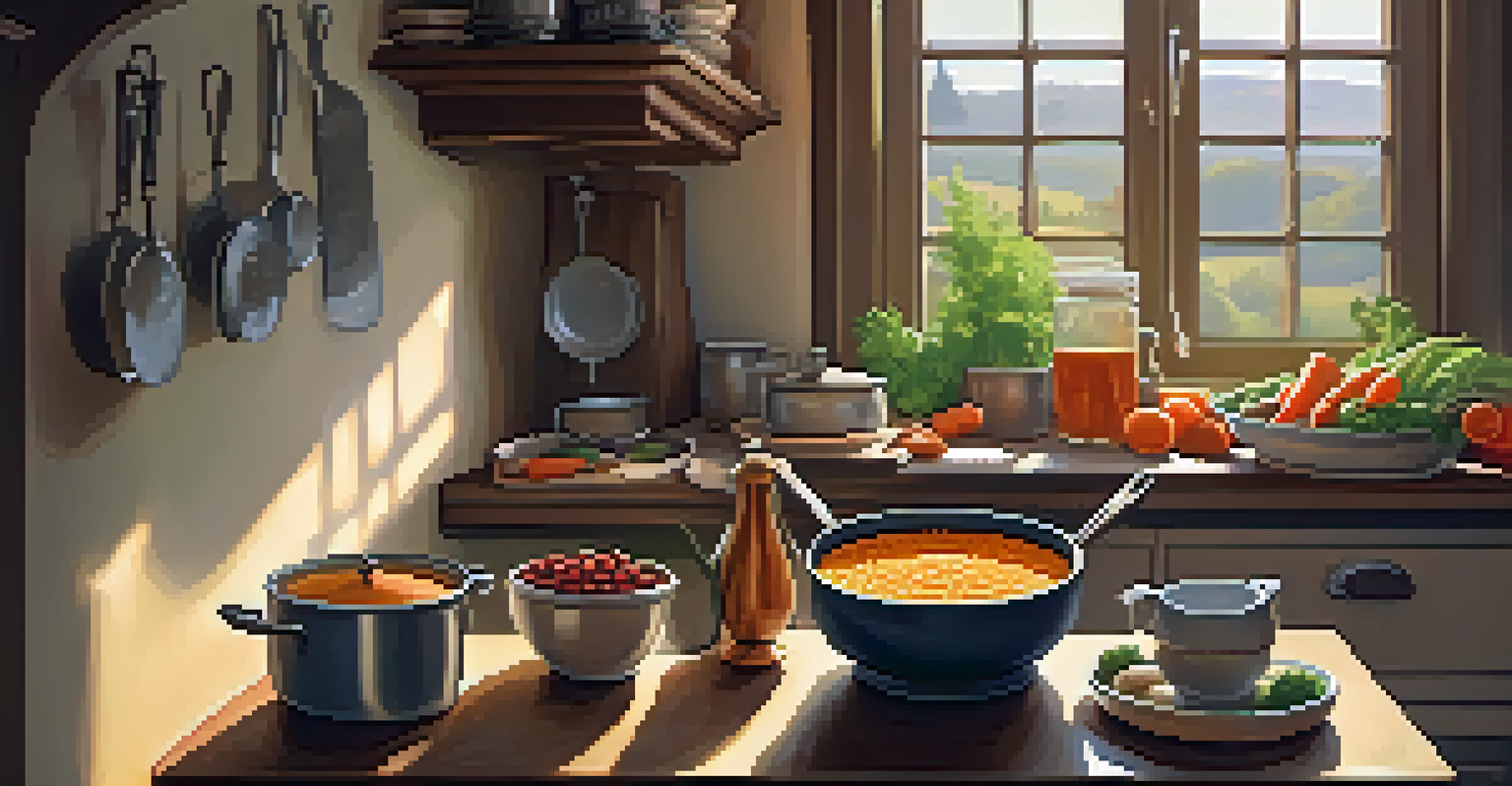 A pot of lentil soup simmering on the stove in a cozy kitchen, surrounded by fresh vegetables and spices, with warm light from the window creating a comforting atmosphere.
